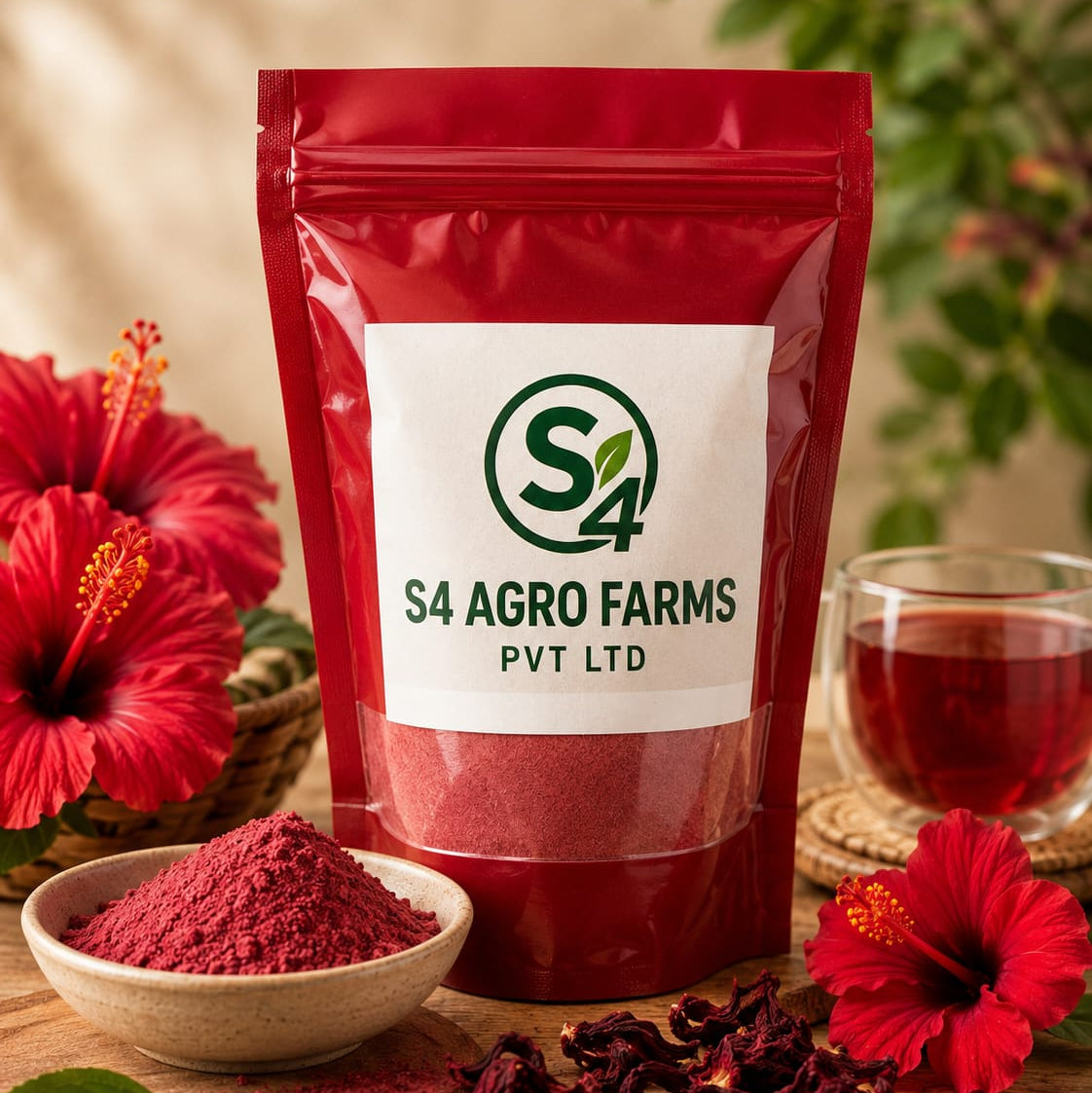 Red package labeled S4 Agro Farms with hibiscus flowers and a cup of tea on a wooden surface.
