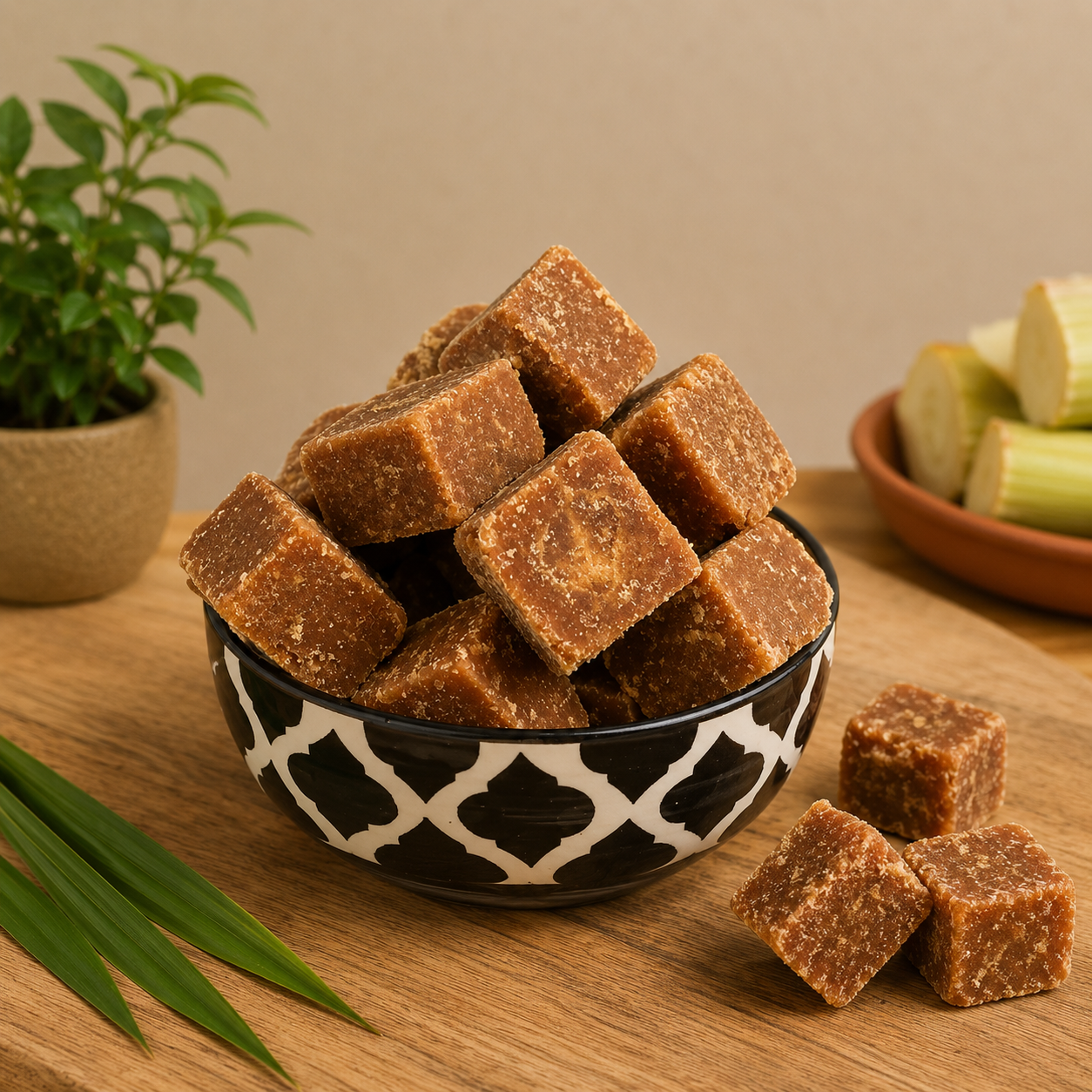 Bowl of brown square candies on a wooden table with a plant and green apples in the background.