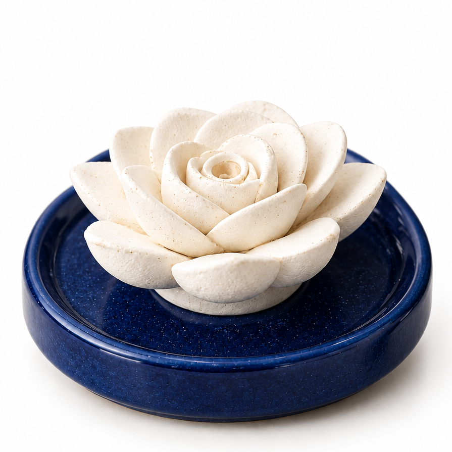 A white ceramic rose-shaped incense holder resting on a round navy blue saucer, set on a light beige marble surface.