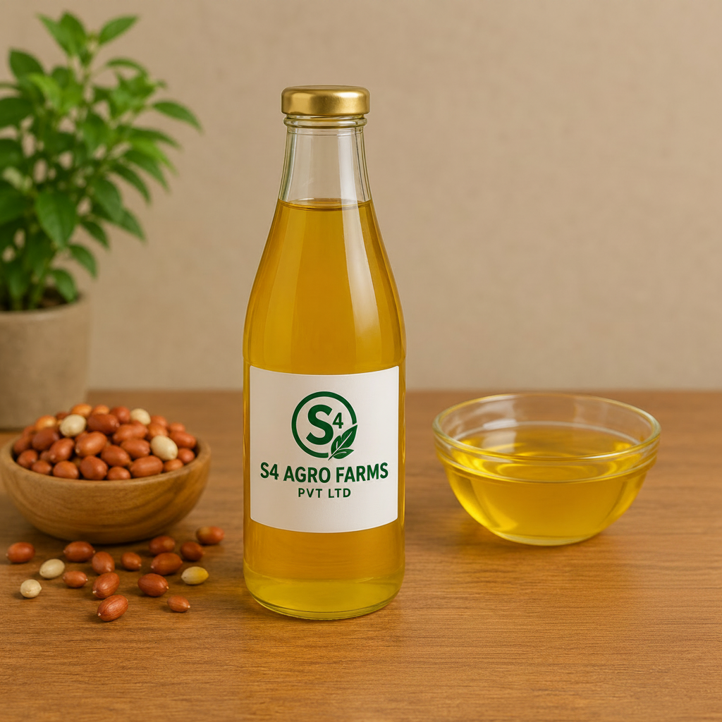 Bottle of S4 Agro Farms oil on a wooden table with groundnut seeds and a plant in the background