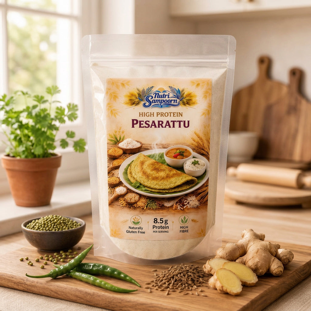 Nari Sampooran High Protein Pesarattu package on a wooden surface with ingredients in the background