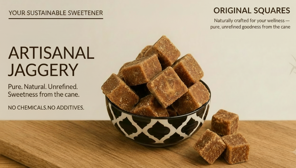 Artisanal jaggery cubes in a black and white patterned bowl on a wooden surface, with promotional text on a beige background.