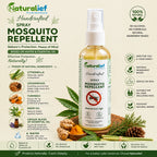 Naturalief Handcrafted Spray Mosquito Repellent bottle shown on a branded promotional background with ingredients, icons, and text. The bottle is clear with pale yellow liquid and a white cap, labeled 'Handcrafted' and 'Mosquito Repellent'.