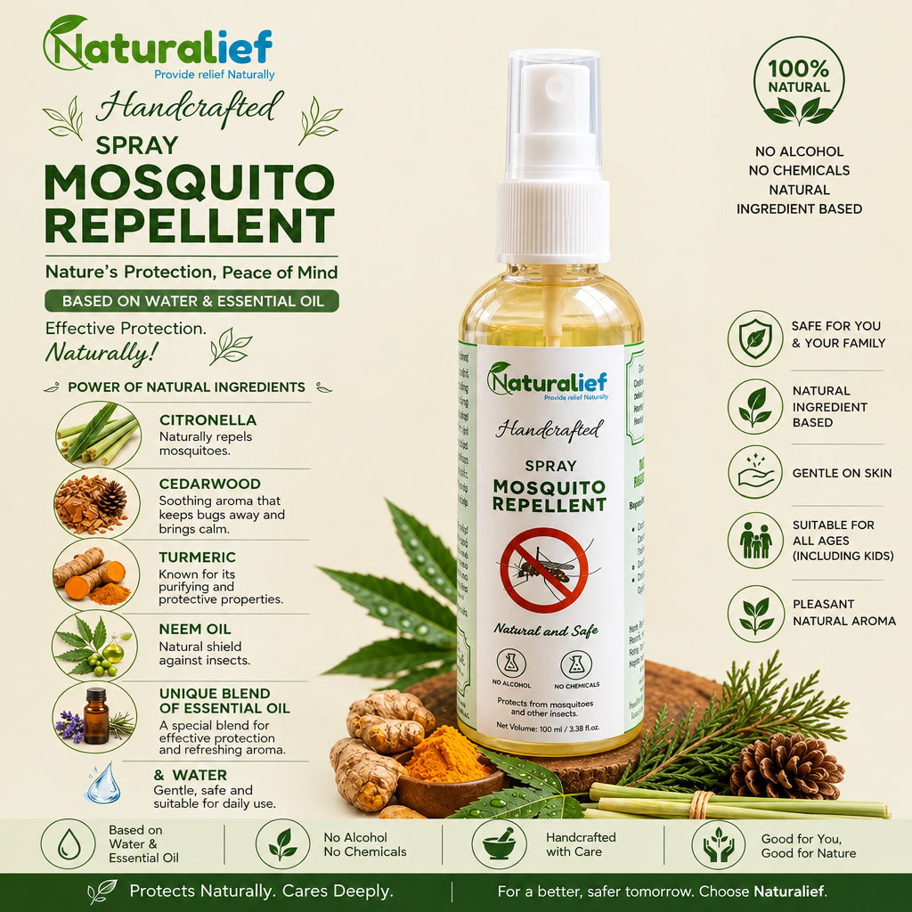 Naturalief Handcrafted Spray Mosquito Repellent bottle shown on a branded promotional background with ingredients, icons, and text. The bottle is clear with pale yellow liquid and a white cap, labeled 'Handcrafted' and 'Mosquito Repellent'.
