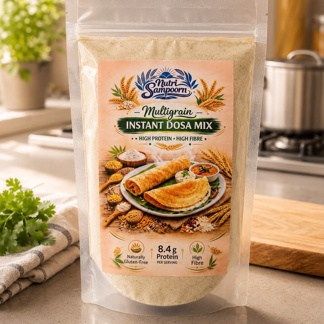 Package of Nutri Sanpoorn Multigrain Instant Dosa Mix on a kitchen counter