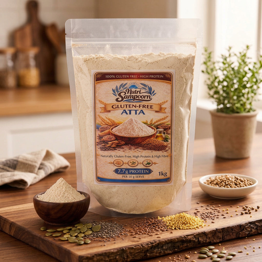 Bag of Silver Spoon Gluten-Free Atta on a wooden surface with ingredients around