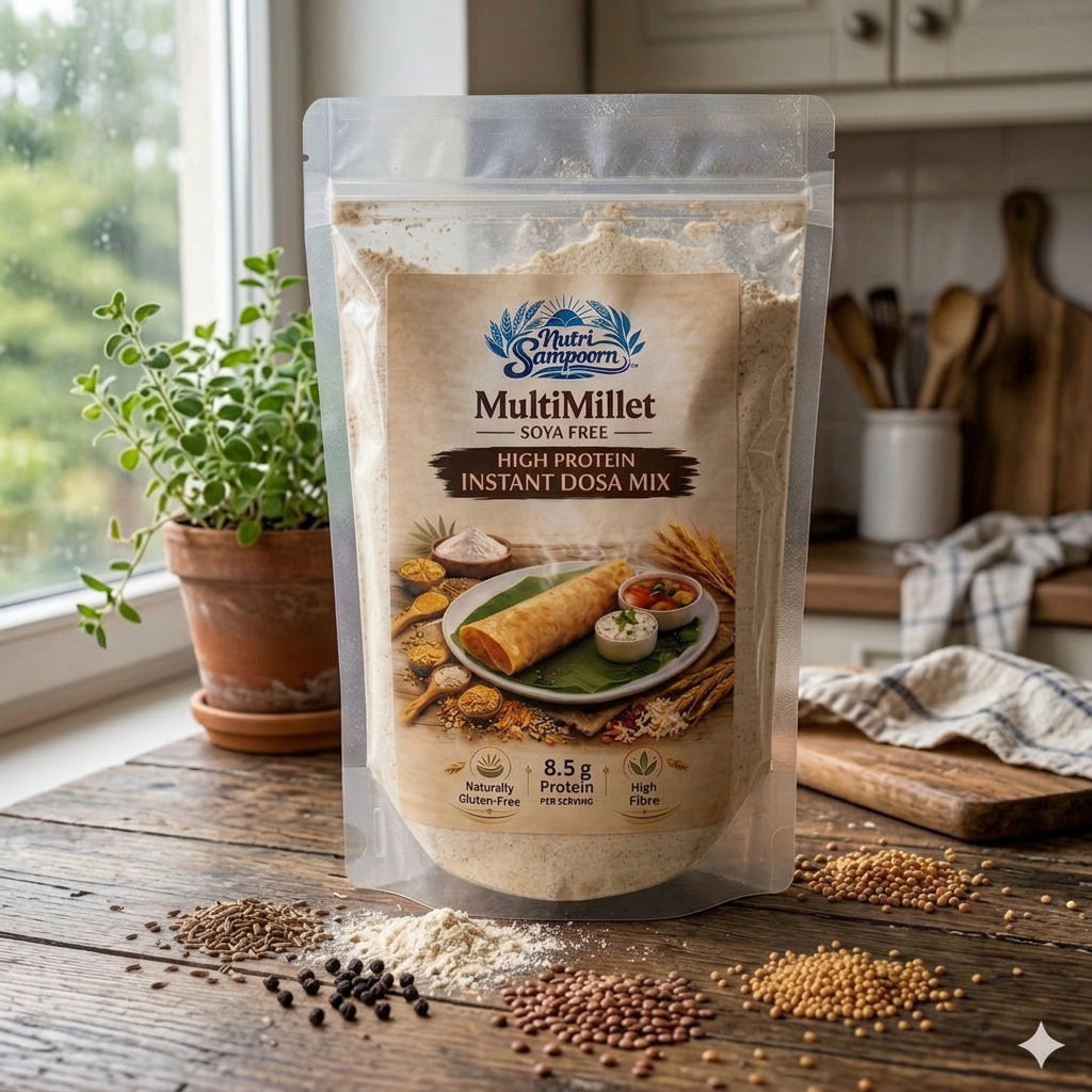 A stand-up pouch of Nutri Naturals MultiMillet Soya Free High Protein Instant Dosa Mix, displayed on a rustic wooden table with scattered grains and spices in a kitchen setting.