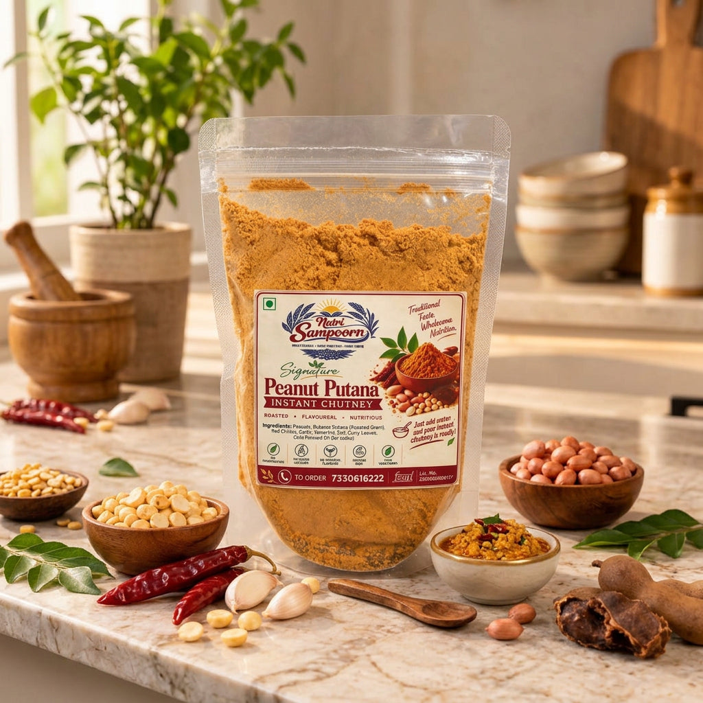 A stand-up pouch of Nut Sampoorn Signature Peanut Putana Instant Chutney filled with brownish-orange powder, displayed on a marble surface with peanuts, red chilies, garlic, and herbs around it.