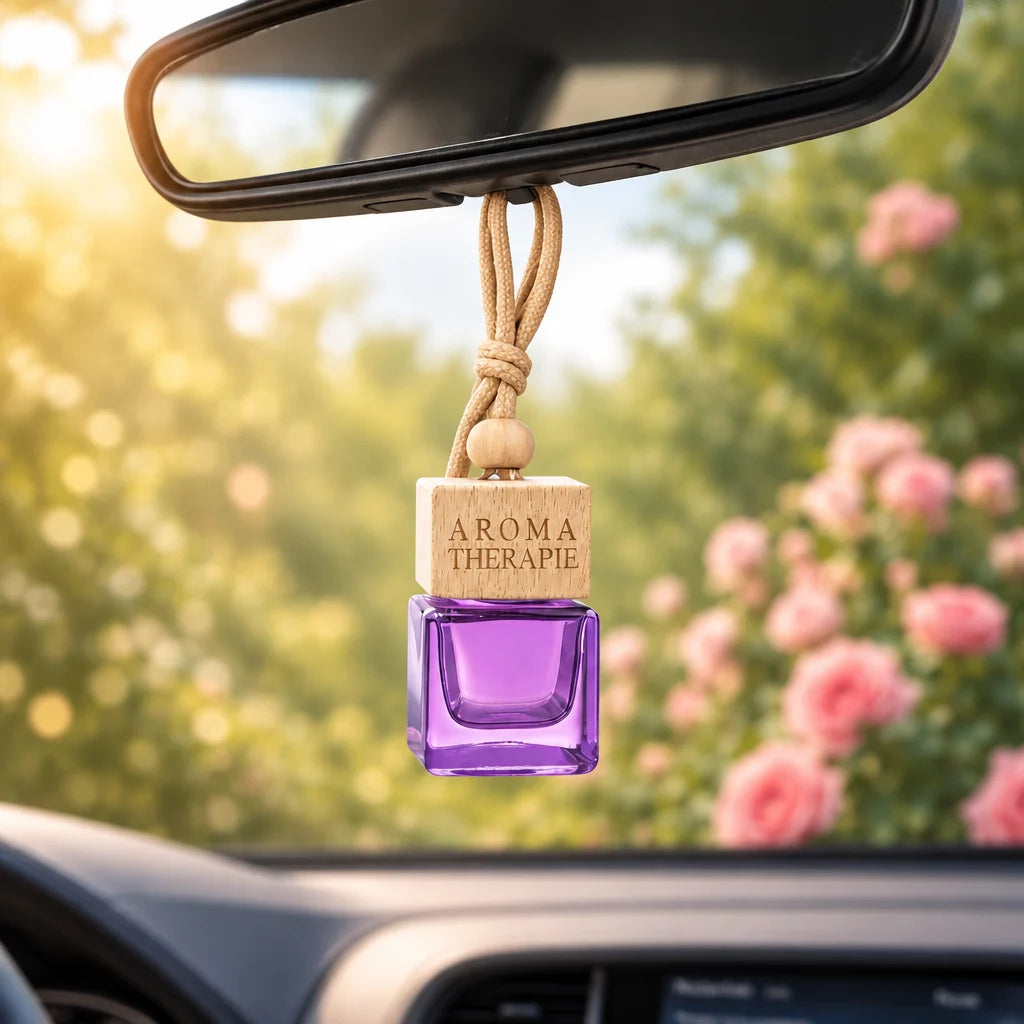 Naturalief Rose Car Freshener | Essential Oil | Wooden Hanging Diffuser | Cube Glass Bottle