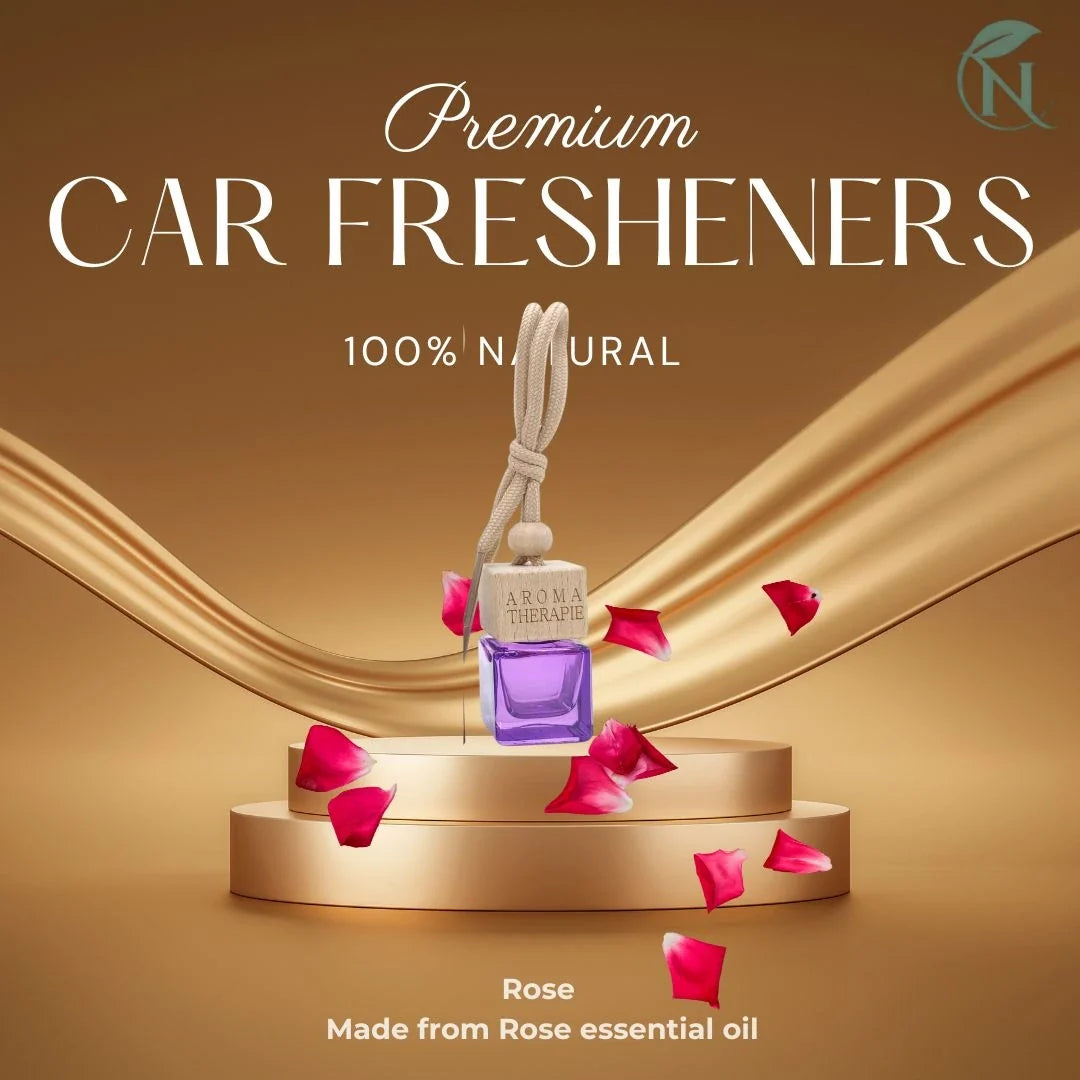 Naturalief Rose Car Freshener | Essential Oil | Wooden Hanging Diffuser | Cube Glass Bottle