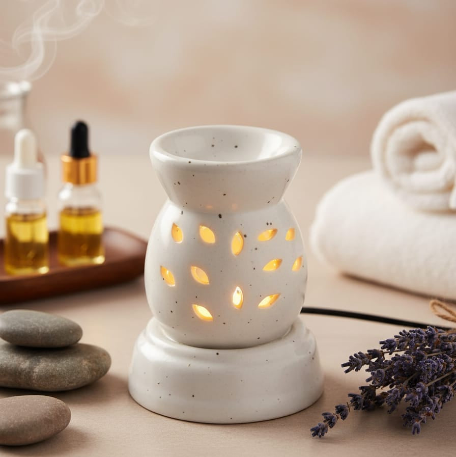 A ceramic oil diffuser and warmer with a speckled off-white finish, illuminated from within to cast a warm yellow glow through decorative cutouts. It is styled on a beige surface with spa props including smooth stones, lavender sprigs, a rolled towel, and small dropper bottles in the background.