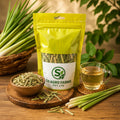 S4 Agro Farms product packaging with lemongrass on a wooden table