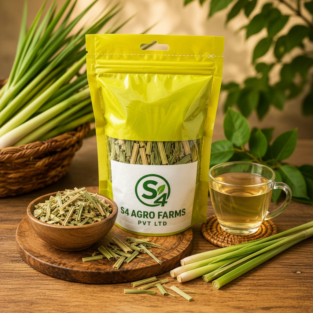 S4 Agro Farms product packaging with lemongrass on a wooden table