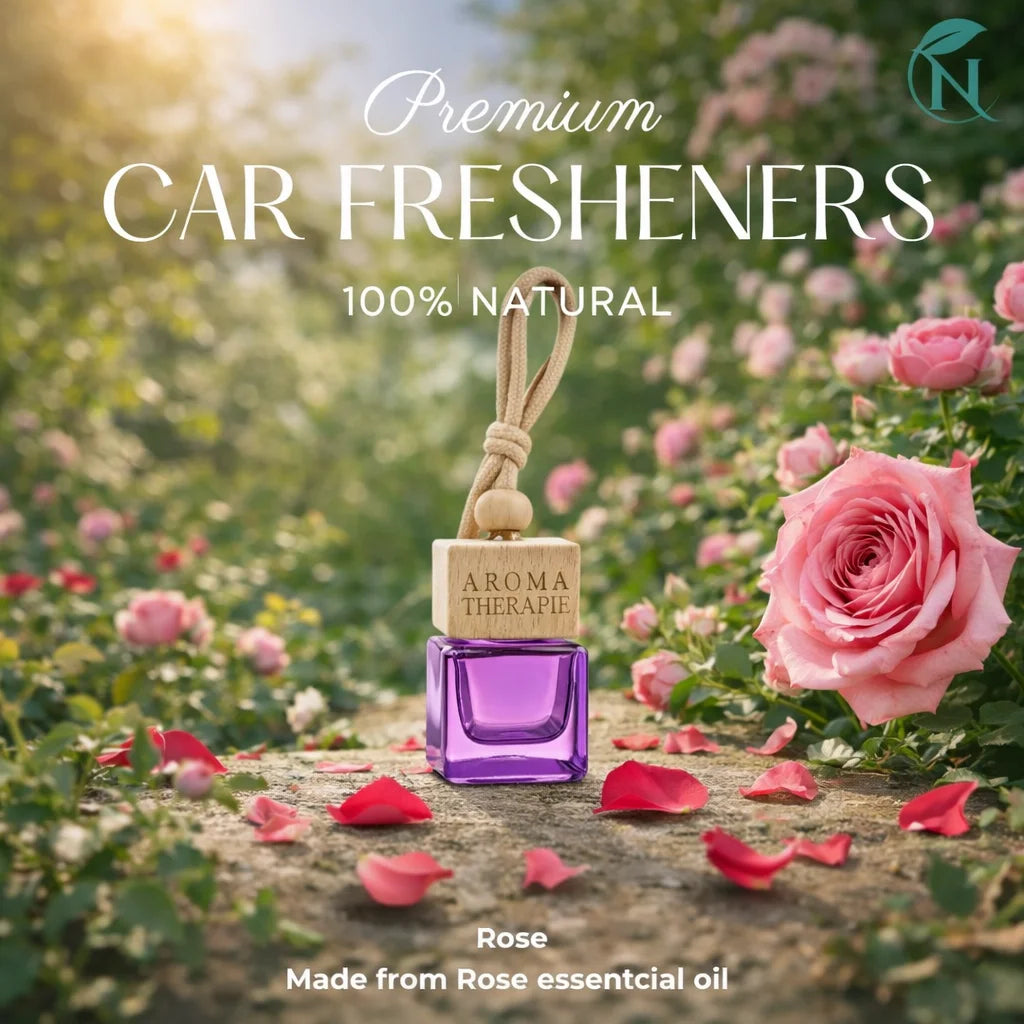 Naturalief Rose Car Freshener | Essential Oil | Wooden Hanging Diffuser | Cube Glass Bottle